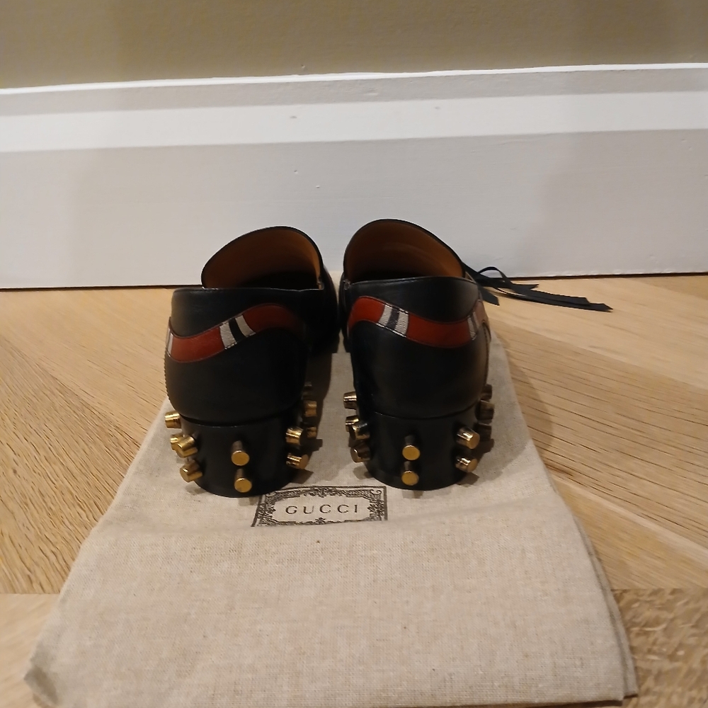 REAL Gucci Black Leather Loafers. Red & Cream  Snake Trim. Gold Double G - Picture 3 of 4